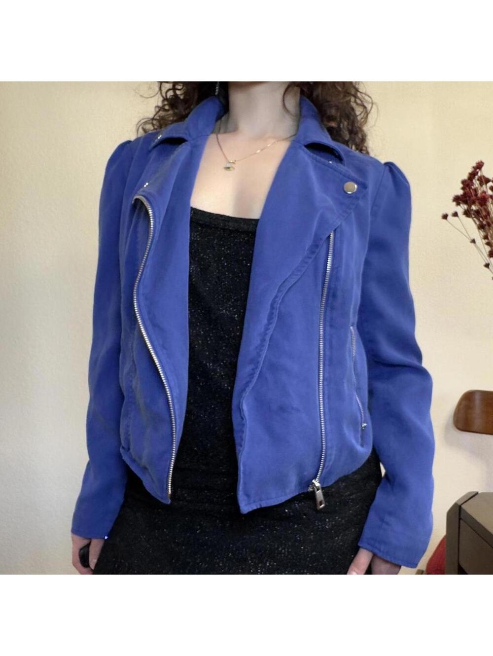 Maison Jules Moto Jacket Womens Medium Blue lightweight Biker Silver Hardware